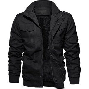 🆕Men's Black Winter Cargo Fleece Sherpa Lined Casual Windproof Bomber Jacket